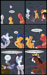 Size: 707x1131 | Tagged: safe, artist:chedx, author:bigonionbean, derpibooru import, big macintosh, flash sentry, shining armor, trouble shoes, earth pony, pegasus, pony, unicorn, comic:the fusion flashback, comic, commissioner:bigonionbean, confused, dialogue, dustpan, fan, frightened, fusion, hat, magic, potion, scared