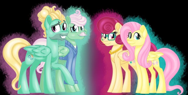 Size: 1600x814 | Tagged: safe, artist:missmele-madness, derpibooru import, fluttershy, gentle breeze, posey shy, zephyr breeze, pony, brother and sister, family, female, husband and wife, male, siblings