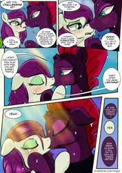 Size: 2480x3508 | Tagged: safe, artist:dsana, derpibooru import, fizzlepop berrytwist, tempest shadow, oc, oc:thistledown, earth pony, pony, unicorn, comic:a storm's lullaby, blushing, canon x oc, comic, crying, female, imminent kidnapping, kissing, lesbian, mare, shipping, tsundere, tsundere shadow