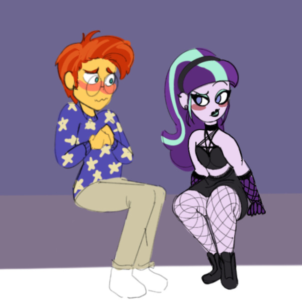 Size: 1134x1127 | Tagged: safe, artist:ponyretirementhome, derpibooru import, starlight glimmer, sunburst, equestria girls, blushing, clothes, emo, equestria girls-ified, female, fishnets, goth, looking at each other, male, shipping, starburst, straight, teenage glimmer, teenager