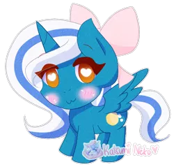 Size: 914x874 | Tagged: :3, adorabelle, alicorn, alicorn oc, artist:xx-katsumiineko-xx, blushing, bow, chibi, cute, derpibooru import, female, hair bow, horn, mare, oc, oc:fleurbelle, safe, watermark, wingding eyes, wings