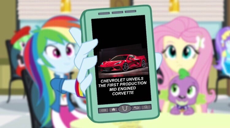 Size: 750x417 | Tagged: safe, derpibooru import, edit, edited screencap, screencap, fluttershy, rainbow dash, spike, watermelody, dog, fanfic:equestria motorsports, equestria girls, advertisement, car, chevrolet, chevrolet corvette, corvette, corvette c8, phone, phone screen, rainbow dash phone meme, spike the dog