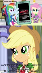 Size: 644x1104 | Tagged: safe, derpibooru import, edit, edited screencap, screencap, applejack, fluttershy, rainbow dash, spike, watermelody, dog, fanfic:equestria motorsports, equestria girls, captions, car, chevrolet, chevrolet corvette, corvette, corvette c8, dialogue, phone, phone screen, rainbow dash phone meme, spike the dog