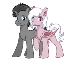 Size: 1496x1181 | Tagged: artist needed, safe, artist:xuanmaru, derpibooru import, oc, oc:black tobey, oc:coloured glaze rose, unofficial characters only, bat pony, pony, unicorn, 2020 community collab, derpibooru community collaboration, broken horn, duo, duo male, horn, male, simple background, transparent background