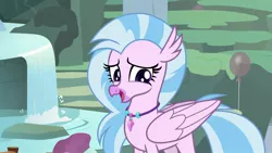 Size: 1920x1080 | Tagged: classical hippogriff, cute, derpibooru import, diastreamies, female, fountain, hippogriff, jewelry, looking to side, necklace, open mouth, pearl necklace, quadrupedal, safe, screencap, silverstream, smiling, solo, student counsel, teenager