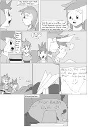 Size: 988x1417 | Tagged: artist:karasu-96, bench, black and white, bush, derpibooru import, exclamation point, grayscale, human, humanized, map, monochrome, paper plane, question mark, rainbow dash, sad, safe, sketch, speech bubble, spike