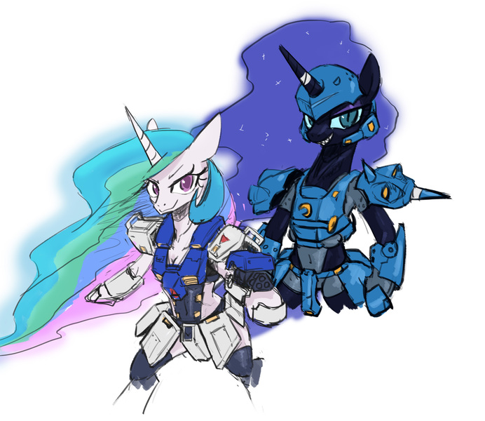 Size: 2000x1733 | Tagged: alicorn, armor, artist:satv12, derpibooru import, ethereal mane, female, gundam, gundam 0080: war in the pocket, gundam alex, kämpfer, mare, mobile suit gundam, ms-18 kampfer, nightmare moon, princess celestia, princess luna, rx-78-nt1, safe, semi-anthro, sharp teeth, slit eyes, teeth