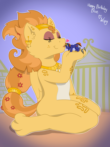 Size: 3024x4032 | Tagged: safe, artist:wispy tuft, derpibooru import, oc, oc:bluesliver, oc:wispy tuft, unofficial characters only, big cat, earth pony, leopard, pony, sphinx, unicorn, birthday, birthday gift, black nail polish, cactus flower, jewelry, jewelry only, kissing, macro, ponysona, pyramid, sphinx oc, sphinxsona