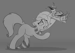 Size: 2575x1821 | Tagged: safe, artist:rexyseven, derpibooru import, oc, oc:rusty gears, earth pony, pony, burger, clothes, female, food, french fries, hay burger, hay fries, mare, monochrome, scarf, sock, solo