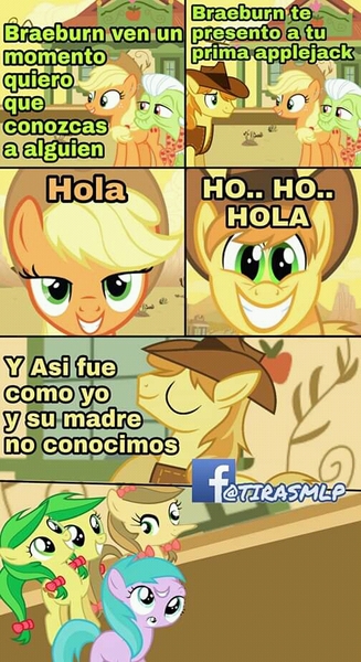 Size: 504x924 | Tagged: applecest, apple family member, apple fritter, applejack, apple strudely, aura (character), braeburn, braejack, comic, conjoined, conjoined twins, derpibooru import, female, granny smith, how i met your mother, inbred, incest, male, offspring, parents:braejack, product of incest, safe, shipping, spanish, straight