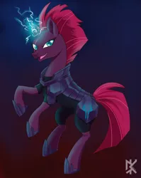 Size: 2787x3507 | Tagged: safe, artist:benkomilk, derpibooru import, tempest shadow, pony, unicorn, my little pony: the movie, armor, broken horn, eye scar, female, hoof shoes, horn, looking at you, mare, open mouth, scar, solo, sparking horn
