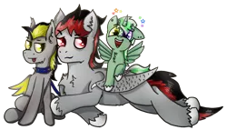 Size: 1500x860 | Tagged: safe, artist:jesterpi, derpibooru import, oc, oc:broken flare, oc:jester pi, oc:silver haste, unofficial characters only, dracony, dragon, hybrid, pegasus, pony, vampire, vampony, 2020 community collab, derpibooru community collaboration, collar, cute, ear down, family, fluffy, friends, glow, happy, horn, joy, leash, lying down, male, party, pony pet, red and black oc, simple background, sitting, size difference, smiling, smirk, spiked collar, together, tongue out, transparent background, wings