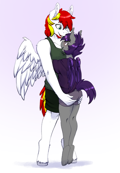 Size: 1388x2000 | Tagged: suggestive, artist:replica, derpibooru import, oc, oc:nolegs, oc:summer scorch, unofficial characters only, anthro, bat pony, pegasus, unguligrade anthro, anthro oc, bat pony oc, bat wings, blushing, butt touch, clothes, couple, cute, ear fluff, ear tufts, eye contact, female, gradient background, height difference, hug, looking at each other, male, mare, scorchlegs, shorts, size difference, stallion, straight, underhoof, unshorn fetlocks, wings