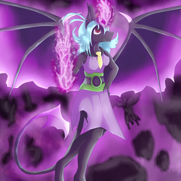 Size: 5800x5800 | Tagged: safe, artist:florarena-kitasatina/dragonborne fox, derpibooru import, ponified, alicorn, anthro, bat pony, bat pony alicorn, pony, 100% orange juice, absurd resolution, bat wings, crooked horn, horn, magical devil, magical girl, may or may not be a demon, mio (100% orange juice), reality is now out to lunch, reality warping, red eyes take warning, shading, signature, watermark, wings