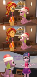 Size: 1550x3240 | Tagged: safe, artist:red4567, derpibooru import, sci-twi, spike, spike the regular dog, sunset shimmer, twilight sparkle, dog, equestria girls, 3d, angry, christmas, comic, garfield, hat, hearth's warming eve, holiday, santa hat, source filmmaker