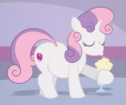 Size: 1200x1000 | Tagged: safe, artist:scobionicle99, derpibooru import, sweetie belle, pony, unicorn, butt, chubbie belle, chubby, drinking, drinking straw, fat, female, filly, hoof hold, milkshake, solo, sweetie belly, sweetie butt, weight gain