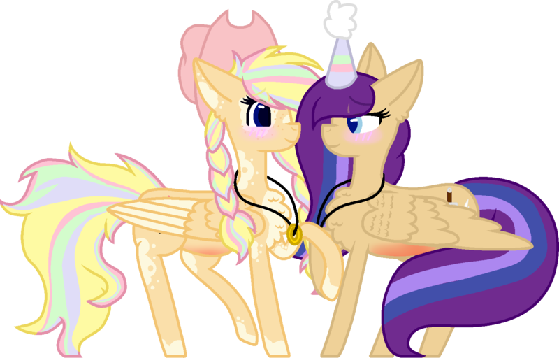 Size: 1677x1073 | Tagged: safe, artist:athenamoon5862, derpibooru import, oc, oc:melody scribble, oc:sherlyn wings, pegasus, pony, alternate universe, blushing, female, lesbian, looking at each other, magical lesbian spawn, offspring, pregnant, simple background, transparent background