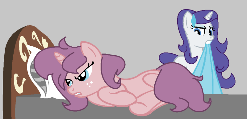 Size: 1090x524 | Tagged: safe, artist:pastel-pocky, derpibooru import, rarity, oc, oc:cherry soda, pony, unicorn, angry, base used, bed, blanket, female, freckles, gray background, mare, offspring, older, older rarity, parent:big macintosh, parent:rarity, parents:rarimac, simple background