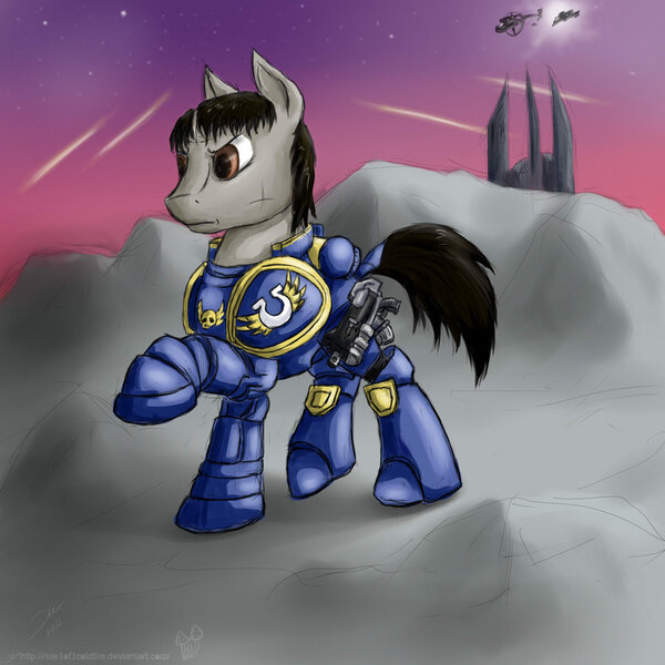 Size: 900x900 | Tagged: safe, artist:rule1of1coldfire, derpibooru import, ponified, pony, armor, battle suit, bolter, gun, power armor, solo, space marine, titus, ultramarine, warhammer (game), warhammer 40k, weapon