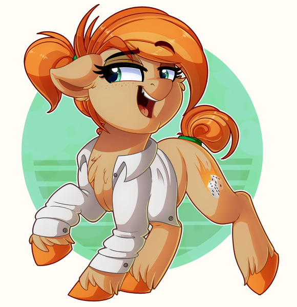 Size: 2839x2939 | Tagged: safe, artist:thegamblehorse, deleted from derpibooru, derpibooru import, oc, oc:parlay, unofficial characters only, earth pony, pony, chest fluff, chipped tooth, clothes, eyebrows visible through hair, female, freckles, mare, ponytail, raised eyebrow, shirt, solo, unshorn fetlocks