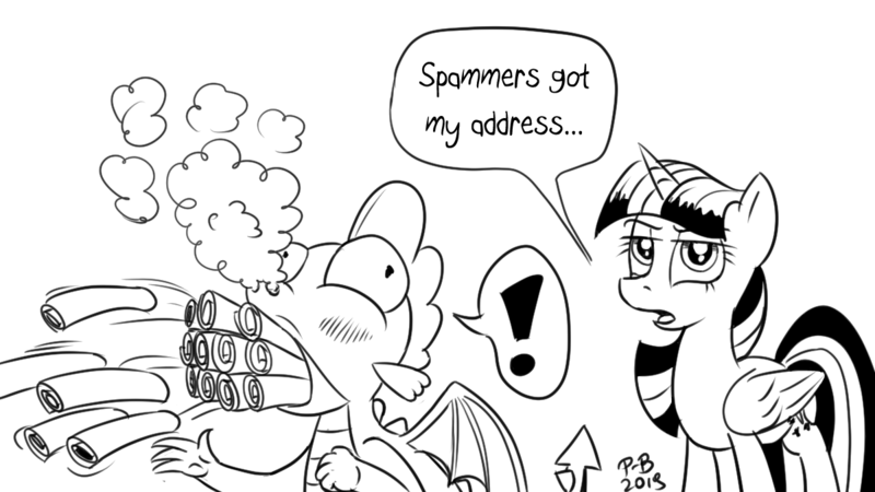 Size: 1200x675 | Tagged: safe, artist:pony-berserker, derpibooru import, spike, twilight sparkle, twilight sparkle (alicorn), alicorn, dragon, pony, black and white, breaking the fourth wall, dragon mail, duo, exclamation point, female, gentlemen, grayscale, i can't believe it's not idw, looking at you, male, mare, monochrome, overload, pony-berserker's twitter sketches, scroll, signature, simple background, sketch, smoke, spam, white background, winged spike