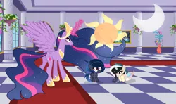 Size: 3879x2293 | Tagged: safe, artist:velveagicsentryyt, derpibooru import, princess twilight 2.0, twilight sparkle, twilight sparkle (alicorn), oc, oc:moonlight sonata, oc:mysterilestia, alicorn, hybrid, pony, the last problem, base used, cousins, draconequus hybrid, female, filly, interspecies offspring, magic, offspring, parent:discord, parent:king sombra, parent:princess celestia, parent:princess luna, parents:dislestia, parents:lumbra