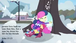Size: 1280x720 | Tagged: safe, derpibooru import, edit, edited screencap, screencap, bon bon, lyra heartstrings, sweetie drops, equestria girls, equestria girls series, holidays unwrapped, spoiler:eqg series (season 2), bible verse, hug, melodrama, melodramatic, overdramatic, protecting, quote, religion, saving private ryan, snowball fight, text, text edit, tree, you know for kids