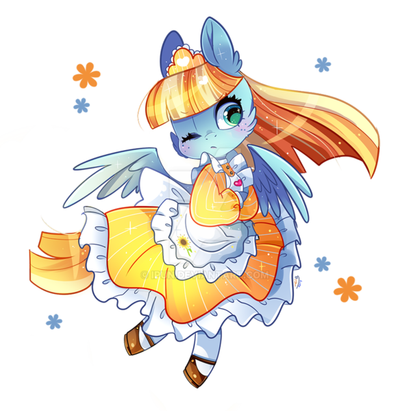 Size: 800x800 | Tagged: artist:ipun, chibi, clothes, derpibooru import, deviantart watermark, dress, female, helia, maid, mare, obtrusive watermark, one eye closed, pegasus, safe, semi-anthro, simple background, solo, transparent background, watermark, wink