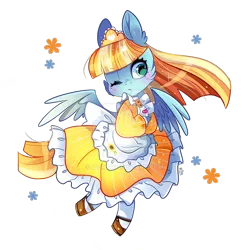 Size: 800x800 | Tagged: artist:ipun, chibi, clothes, derpibooru import, deviantart watermark, dress, female, helia, maid, mare, obtrusive watermark, one eye closed, pegasus, safe, semi-anthro, simple background, solo, transparent background, watermark, wink