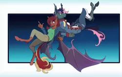 Size: 1280x811 | Tagged: safe, artist:sharkrags, derpibooru import, oc, oc:penny, oc:quill, unofficial characters only, anthro, bat pony, earth pony, pony, unguligrade anthro, bat pony oc, bat wings, clothes, female, night, sky, stars, wings