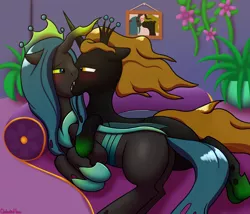 Size: 3500x3000 | Tagged: suggestive, alternate version, artist:galacticham, derpibooru import, queen chrysalis, oc, oc:prince ecosis, changeling, changeling queen, the ending of the end, armor, blushing, canon x oc, changeling ecosis, changeling oc, ecolys, fangs, female, french kiss, kissing, lidded eyes, looking at each other, plants, side, ultimate chrysalis