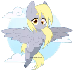 Size: 1024x995 | Tagged: safe, artist:sawberrykiss, derpibooru import, derpy hooves, pegasus, pony, abstract background, beanbrows, cloud, cloven hooves, colored hooves, cute, derpabetes, eyebrows, female, flying, heart eyes, mare, solo, spread wings, wingding eyes, wings