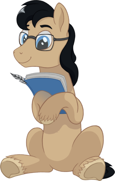 Size: 956x1500 | Tagged: safe, artist:crystalightrocket, derpibooru import, oc, oc:paperback writer, unofficial characters only, earth pony, pony, 2020 community collab, derpibooru community collaboration, glasses, male, notebook, paper, quill, simple background, sitting, smiling, solo, stallion, transparent background, unshorn fetlocks