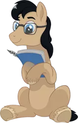 Size: 956x1500 | Tagged: safe, artist:crystalightrocket, derpibooru import, oc, oc:paperback writer, unofficial characters only, earth pony, pony, 2020 community collab, derpibooru community collaboration, glasses, male, notebook, paper, quill, simple background, sitting, smiling, solo, stallion, transparent background, unshorn fetlocks