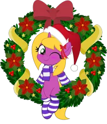 Size: 5000x5786 | Tagged: safe, artist:jhayarr23, derpibooru import, part of a set, oc, oc:bright star, unofficial characters only, unicorn, blushing, christmas, clothes, commission, hat, holiday, jhayarr23's holiday ych, movie accurate, one eye closed, santa hat, scarf, simple background, socks, solo, striped socks, transparent background, wink, wreath, ych result