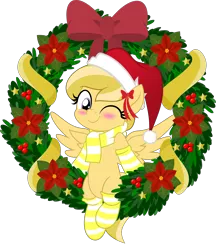 Size: 5000x5786 | Tagged: artist:jhayarr23, blushing, christmas, clothes, commission, derpibooru import, hat, holiday, jhayarr23's holiday ych, movie accurate, oc, oc:amber streak, one eye closed, part of a set, pegasus, safe, santa hat, scarf, simple background, socks, solo, striped socks, transparent background, unofficial characters only, wink, wreath, ych result