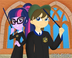 Size: 2727x2176 | Tagged: safe, artist:cyber-murph, derpibooru import, sci-twi, twilight sparkle, oc, unnamed oc, equestria girls, commission, crossover, facial hair, glasses, goatee, hand on hip, harry potter, hat, hogwarts, hufflepuff, ponytail, ravenclaw, signature, wand, wizard robe