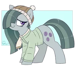 Size: 1800x1600 | Tagged: safe, artist:notenoughapples, derpibooru import, marble pie, earth pony, pony, beanie, clothes, female, hat, jacket, mare, scarf, simple background, solo