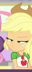 Size: 338x760 | Tagged: safe, derpibooru import, screencap, applejack, fluttershy, equestria girls, equestria girls series, holidays unwrapped, spoiler:eqg series (season 2), applejack is not amused, cropped, dashing through the mall, solo, unamused