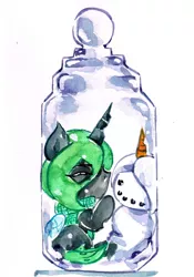 Size: 1600x2286 | Tagged: safe, artist:mashiromiku, derpibooru import, queen chrysalis, christmas changeling, clothes, commission, cute, cutealis, green changeling, hearth's warming eve, jar, looking at you, pony in a bottle, scarf, snowpony, suspicious, traditional art, watercolor painting