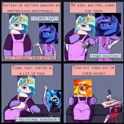 Size: 432x434 | Tagged: grimdark, artist:needlewig, derpibooru import, edit, daybreaker, nightmare moon, princess celestia, princess luna, alicorn, human, pony, abuse, apron, betrayal, blood, clothes, comic, death, favoritism, female, jewelry, knife, lunabuse, mare, murder, necktie, royal sisters, siblings, sisters, sororicide, stabbing, tiara