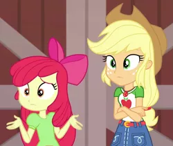 Size: 1201x1014 | Tagged: safe, derpibooru import, screencap, apple bloom, applejack, equestria girls, equestria girls series, holidays unwrapped, spoiler:eqg series (season 2), apple bloom's bow, apple sisters, applejack's hat, barn, belt, bow, clothes, cowboy hat, cropped, denim skirt, female, freckles, geode of super strength, hair bow, hat, magical geodes, shrug, siblings, sisters, skirt, stetson, the cider louse fools