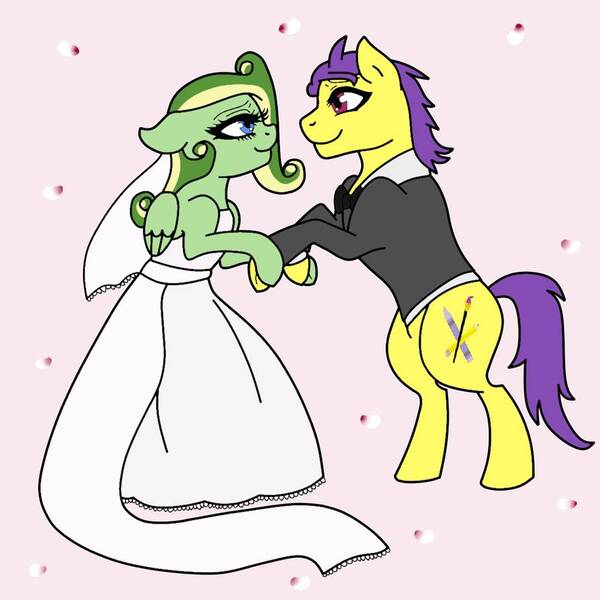 Size: 894x894 | Tagged: safe, artist:didgereethebrony, derpibooru import, oc, oc:boomerang beauty, oc:doodley, earth pony, pegasus, pony, base used, clothes, cutie mark, dancing, doomerang, dress, eye contact, flower petals, looking at each other, missing accessory, oc x oc, shipping, suit, trace, tuxedo, wedding dress, wedding veil