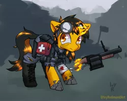 Size: 3000x2394 | Tagged: safe, artist:ivyredmond, derpibooru import, oc, unofficial characters only, pony, unicorn, fallout equestria, bandage, bandaged leg, clothes, goggles, gun, horn, medkit, simple background, suit, unicorn oc, weapon