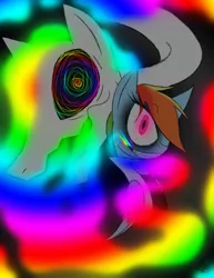 Size: 888x1150 | Tagged: safe, artist:didun850, derpibooru import, rainbow dash, oc, oc:white the rainbow factor, pegasus, pony, fanfic:rainbow factory, abstract background, duo, eyeliner, grin, makeup, smiling, swirly eyes