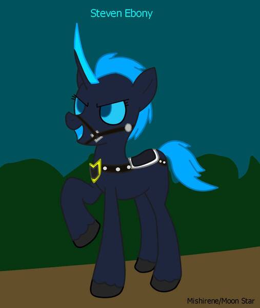 Size: 822x972 | Tagged: safe, artist:moon-source, derpibooru import, ponified, pony, unicorn, albion online, blue, bridle, colored sclera, crossover, open mouth, raised hoof, saddle, smiling, solo, tack, unshorn fetlocks