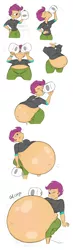 Size: 2400x8250 | Tagged: suggestive, artist:necrofeline, color edit, colorist:threeareess, derpibooru import, edit, scootaloo, human, equestria girls, belly, belly expansion, big belly, bloated, breasts, button popping, colored, comic, female, growth, huge belly, impossibly large belly, inflation, milk, milk inflation, milk jug, scootalard, sequence, solo, stomach noise, stuffed, stuffing