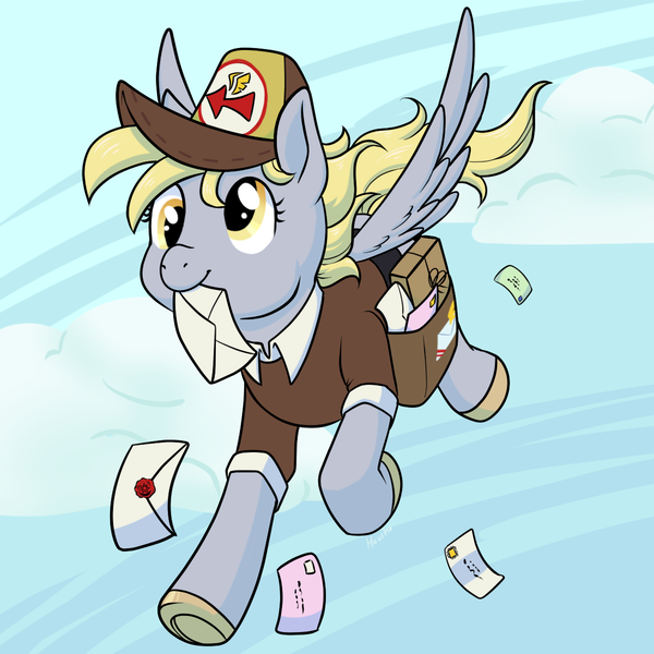 Size: 1200x1200 | Tagged: safe, artist:housho, derpibooru import, derpy hooves, pegasus, pony, cloud, cute, derpabetes, female, flying, letter, mailmare, mailmare uniform, mare, mouth hold, sky, solo