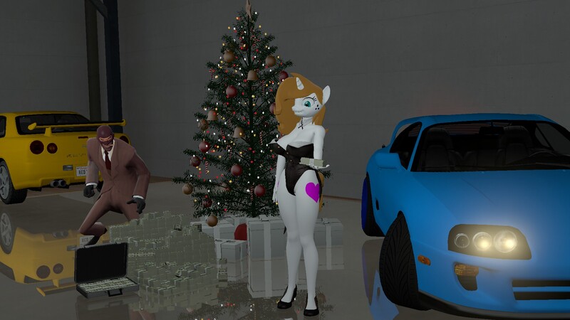 Size: 1920x1080 | Tagged: questionable, artist:sevenxninja, derpibooru import, oc, oc:love biscuit, anthro, unicorn, 3d, breasts, bunny suit, case, christmas, christmas presents, christmas tree, clothes, gmod, happy, holiday, money, nissan skyline, reflecting floor, shoes, spy, team fortress 2, toyota supra, tree