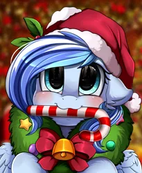 Size: 1446x1764 | Tagged: safe, artist:pridark, derpibooru import, oc, oc:crystal bay, unofficial characters only, pegasus, pony, bell, blushing, candy, candy cane, christmas, commission, cute, food, hat, holiday, mouth hold, ocbetes, pridark's christmas ponies, santa hat, solo, wreath, ych result